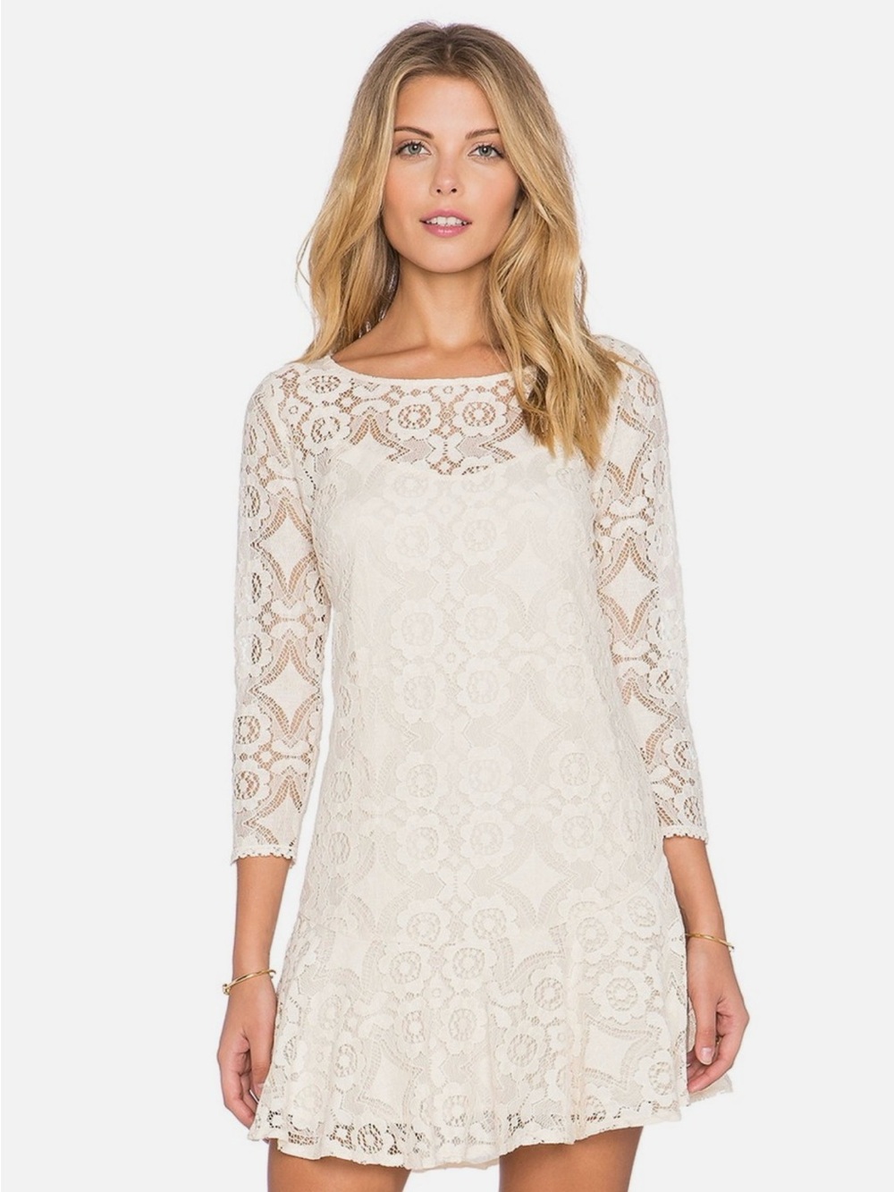 Free People Walking To The Sun Ruffle-Bottom Lace Dress Cream